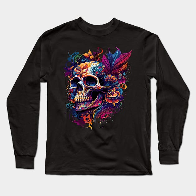 Floral Skull Long Sleeve T-Shirt by AI INKER